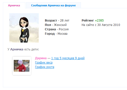 Дети в профиле пользователя